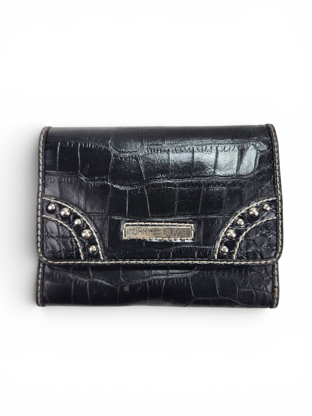 Tommy Hilfiger Black Croc Embossed Trifold Wallet Studded Zip Coin Pocket  Med